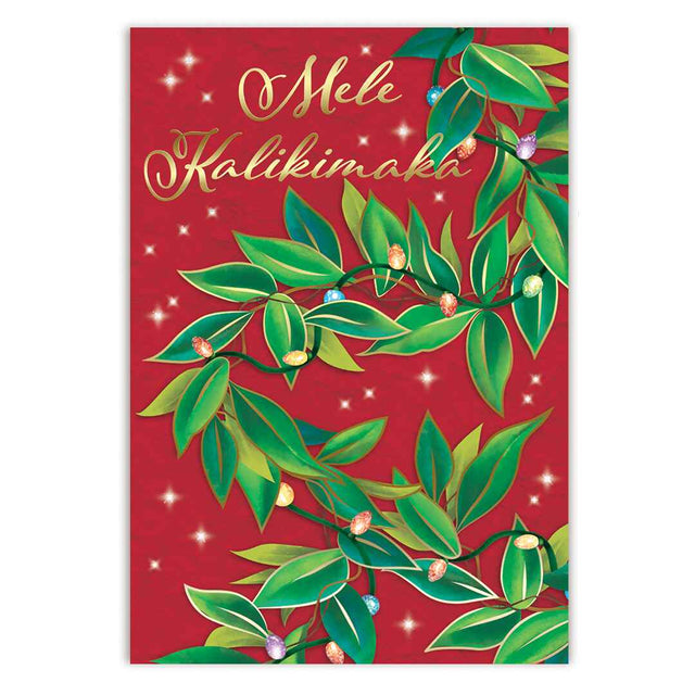 A Christmas card with a red background, featuring green foliage and the text 'Mele Kalikimaka' in gold.