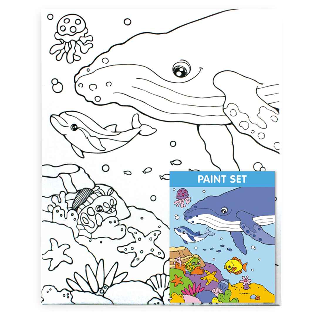 A black and white and a smaller colored cartoon whale and dolphin themed paint set