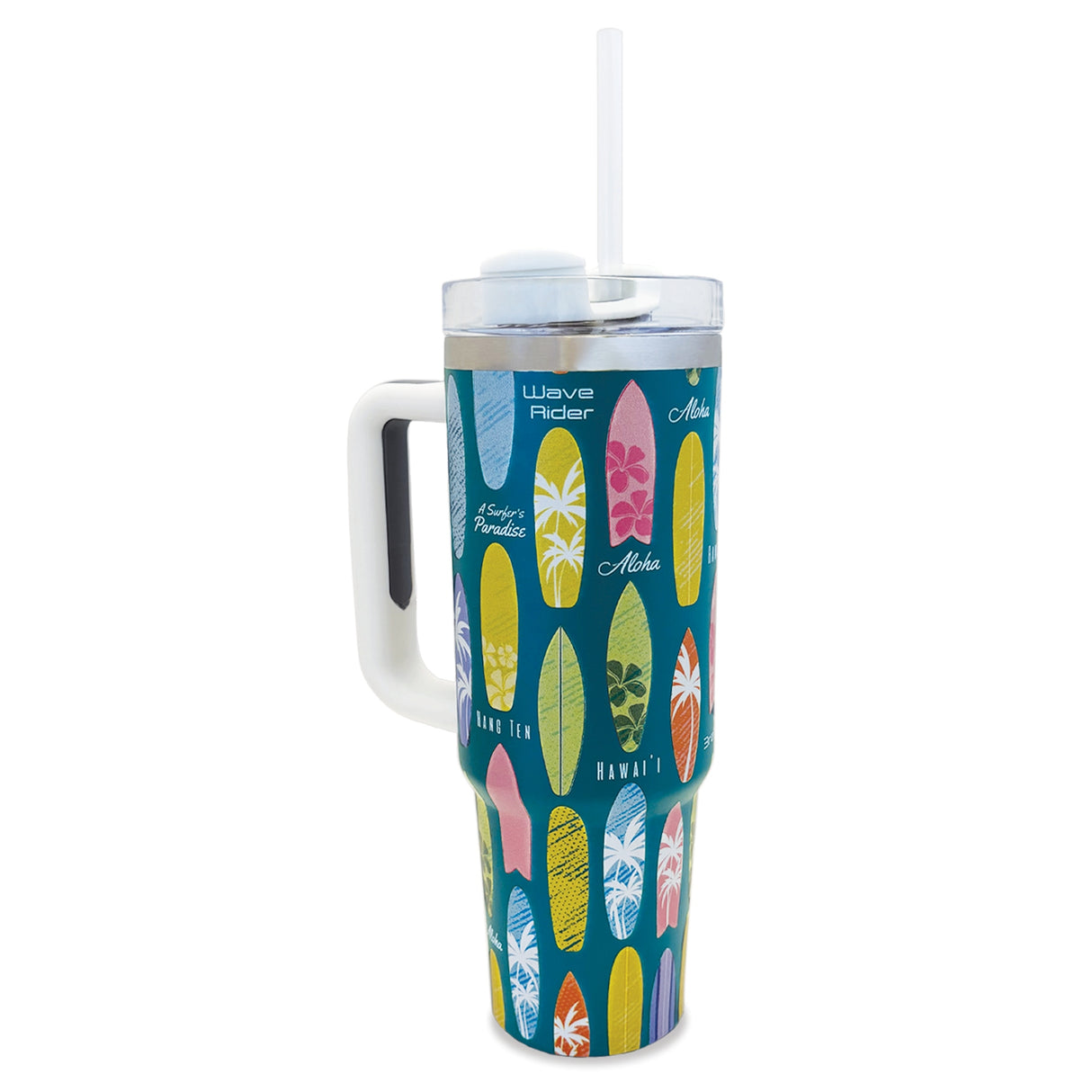 30 oz. Tumbler, Aloha Boards, showcasing its vibrant Hawaiian design and sturdy handle