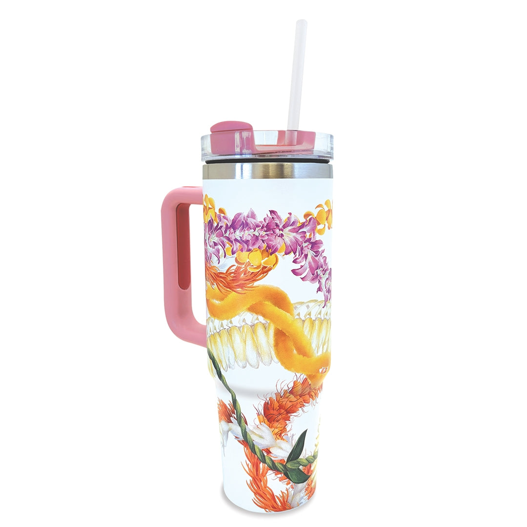 30 oz. Tumbler, Lei's of Aloha, highlighting the double-wall vacuum insulation and BPA-free construction