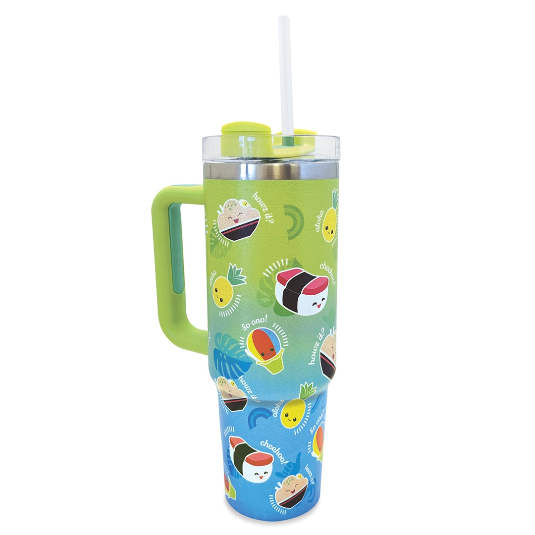 30 oz. Tumbler, Local Grindz, showcasing the secure straw and ergonomic grip for easy carrying