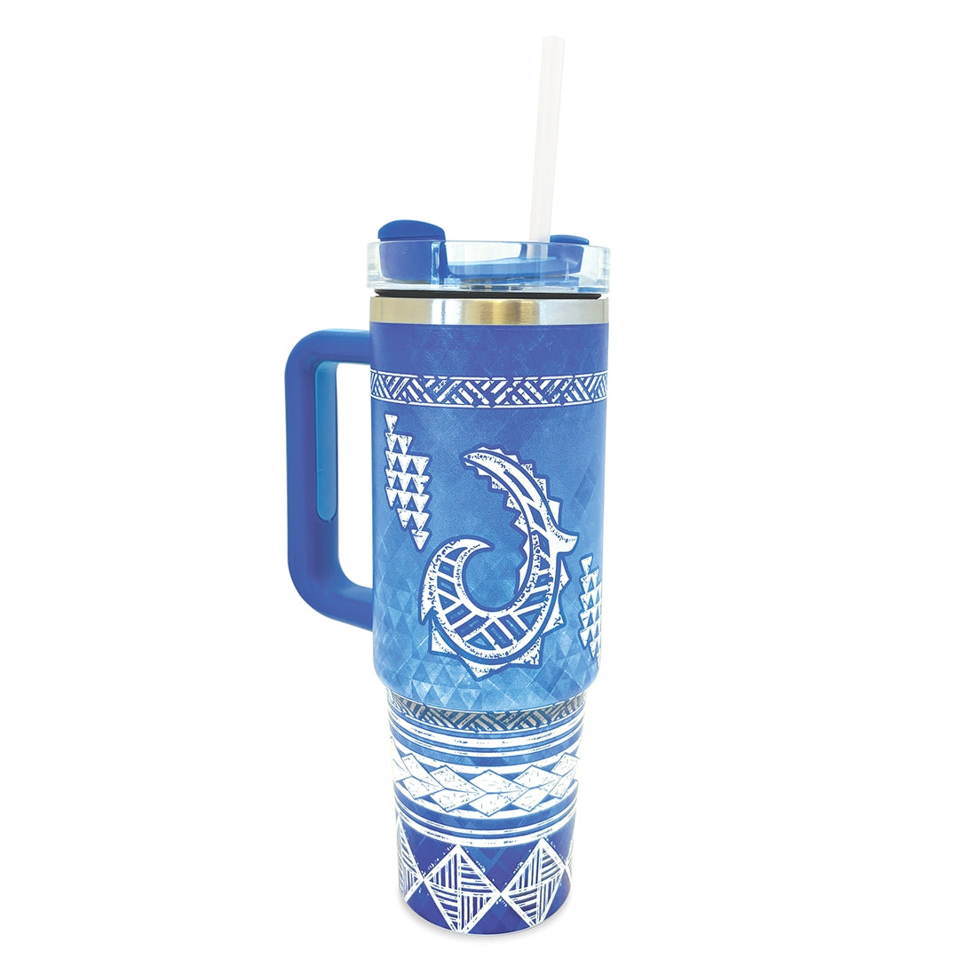 30 oz. Tumbler, Tribal Hook Blue, highlighting the double-wall vacuum insulation and BPA-free construction