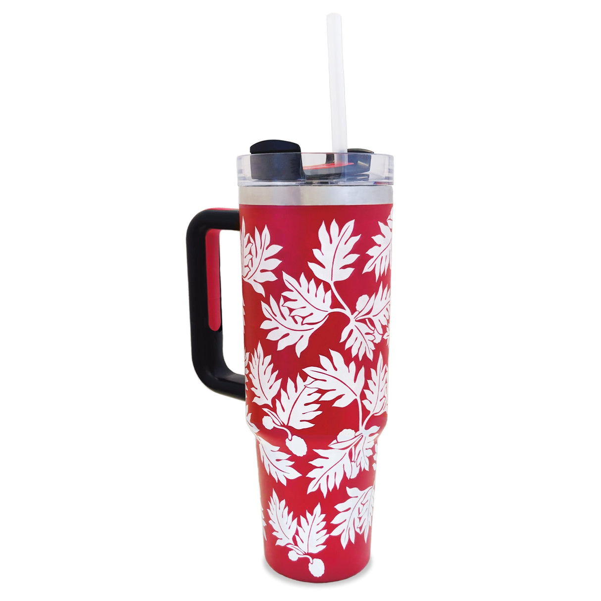 30 oz. Tumbler, Ulu Red, showcasing the secure straw and ergonomic grip for easy carrying