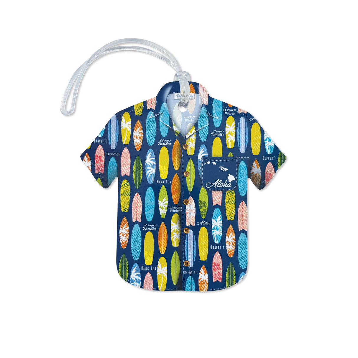 Aloha Shirt Luggage Tag, Aloha Boards, showcasing the blocked-out writing area for contact details