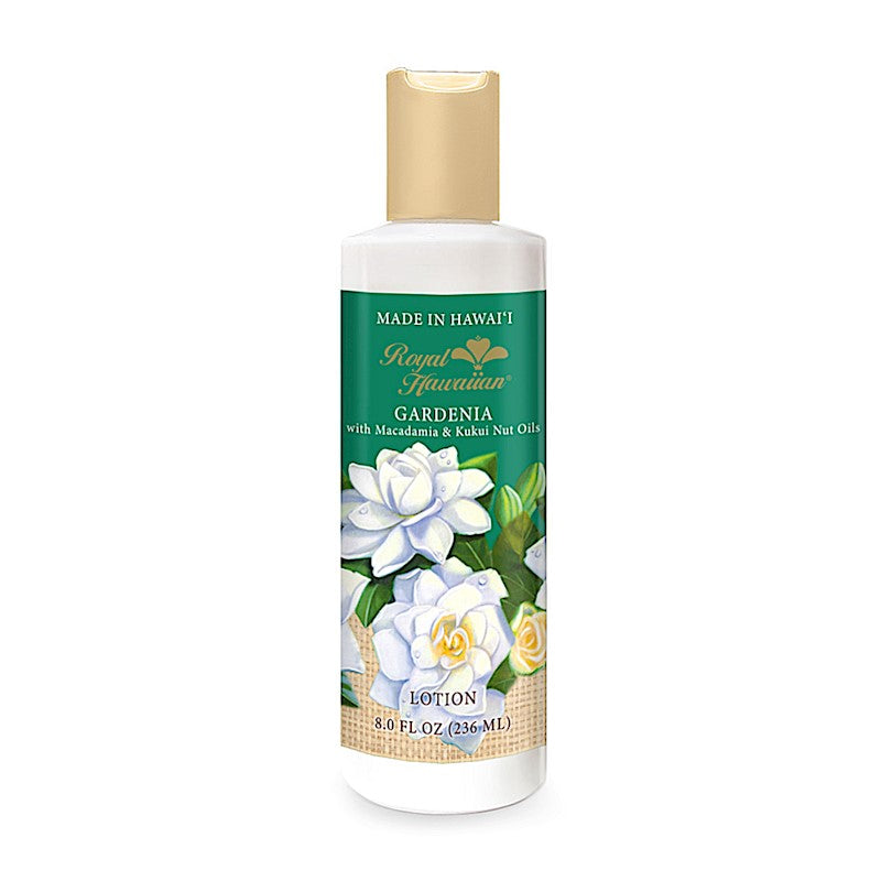 Royal Hawaiian Gardenia Lotion bottle displaying ingredients and product details