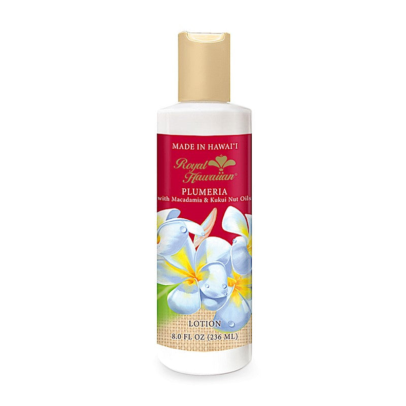 Royal Hawaiian Plumeria Lotion bottle, featuring elegant floral packaging and branding