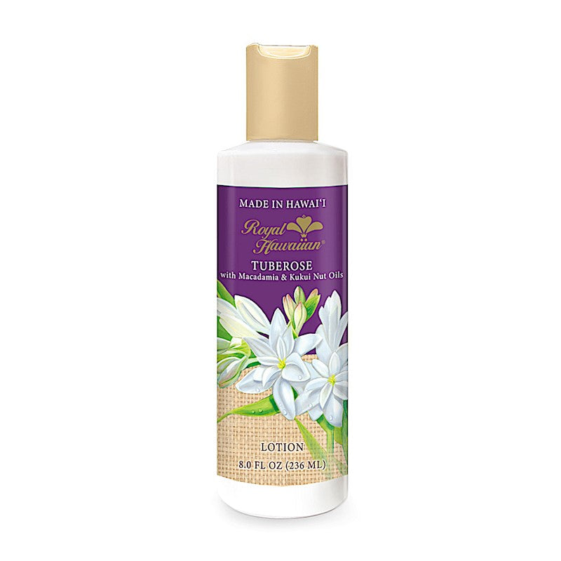Royal Hawaiian Tuberose Lotion bottle displaying ingredients and product details