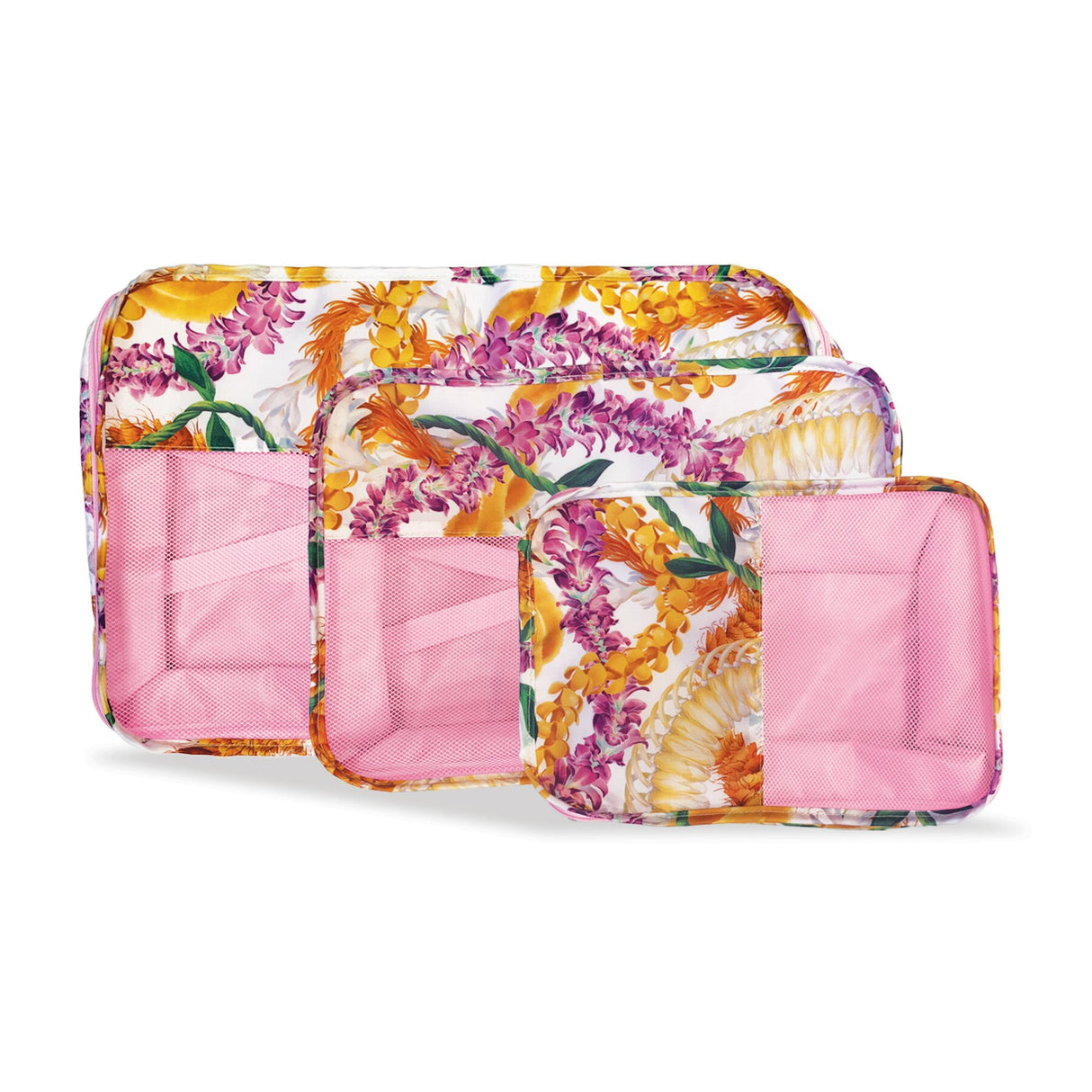 Organizer Set 3-Piece, Leis of Aloha, featuring three travel packing cubes with a vibrant Hawaiian design