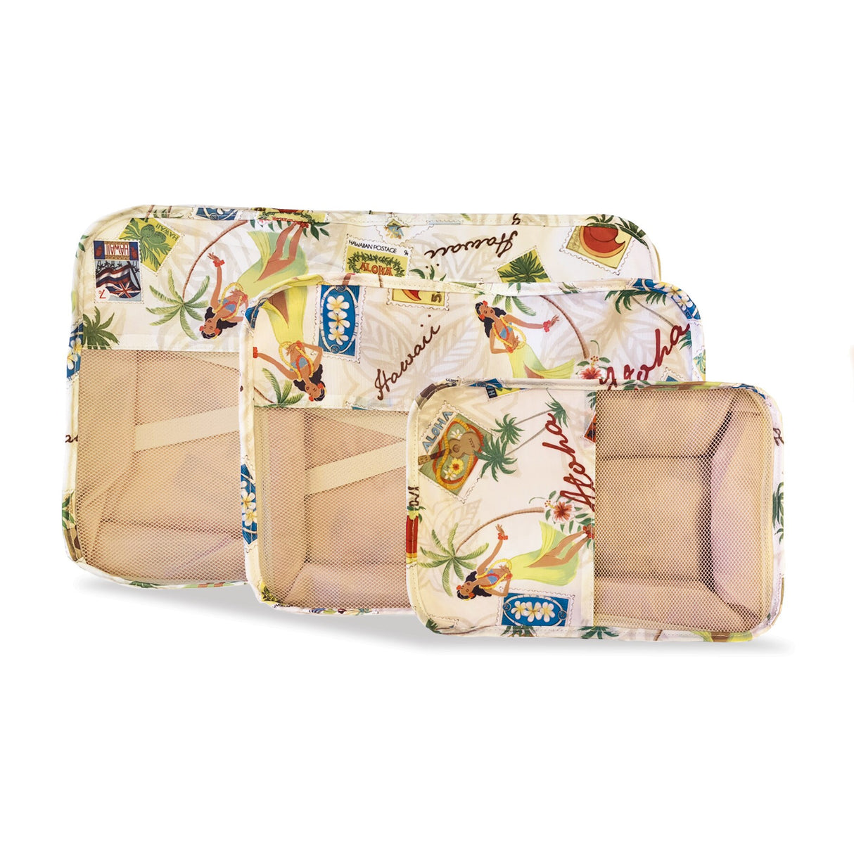 Organizer Set 3-Piece, Stamped with Aloha, showing the breathable mesh tops and sturdy zippers