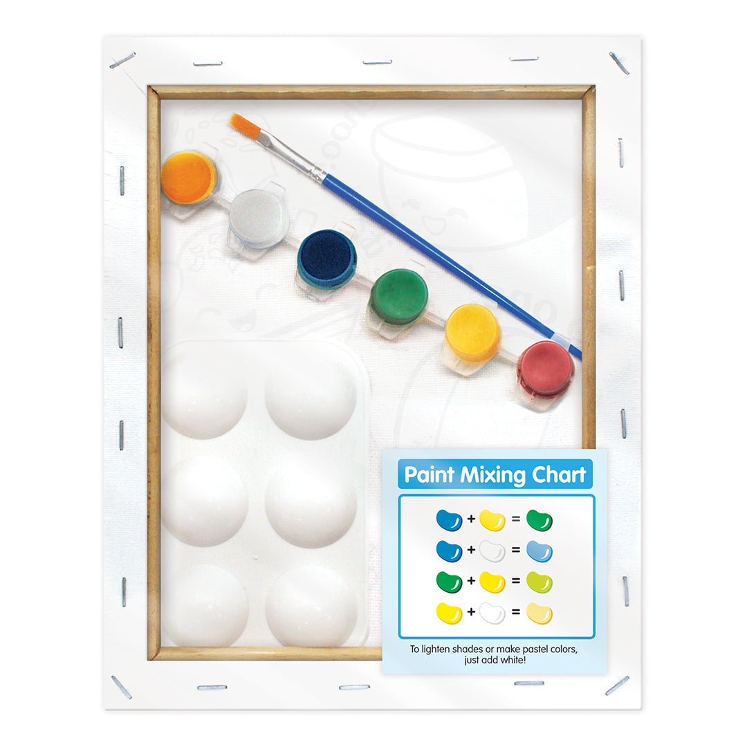 The backside of a canvas with paint, a brush, and a mixing chart.