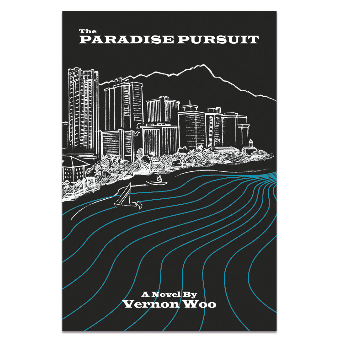 Book cover of 'The Paradise Pursuit' by Vernon Woo with a city skyline and ocean design.