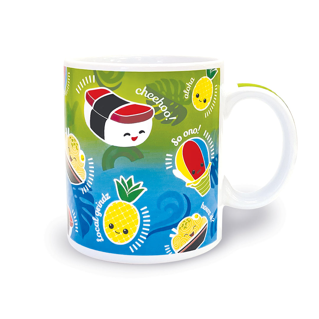 Colorful mug with cartoon food characters on a white background
