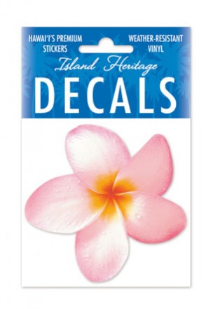 A square decal sticker with a pink plumeria flower design and the text 'Hawai's Premium Weather Resistant Decals'.