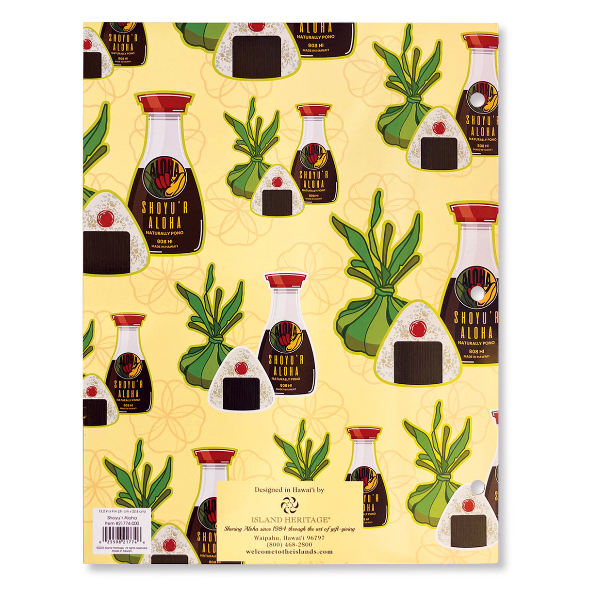 The back of a portfolio folder with a yellow background, and several shoyu aloha