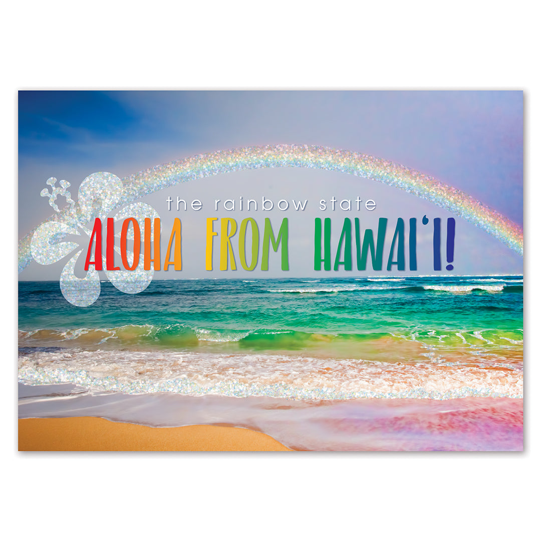 Beach scene with rainbow and text 'Aloha from Hawai'i' on a blue sky background