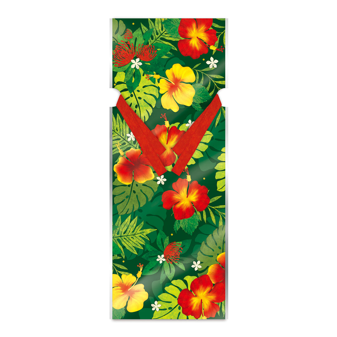 A red and green tropical leaves and flowers flat wine bottle gift bag with ribbon