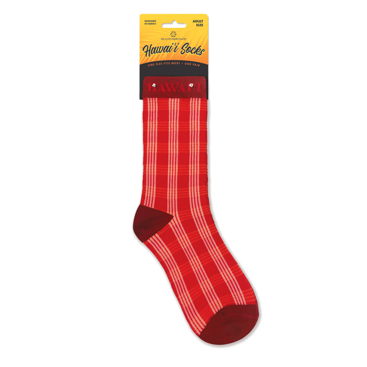 Red plaid sock with a yellow and black 'Hawai'i Socks' label on a white background