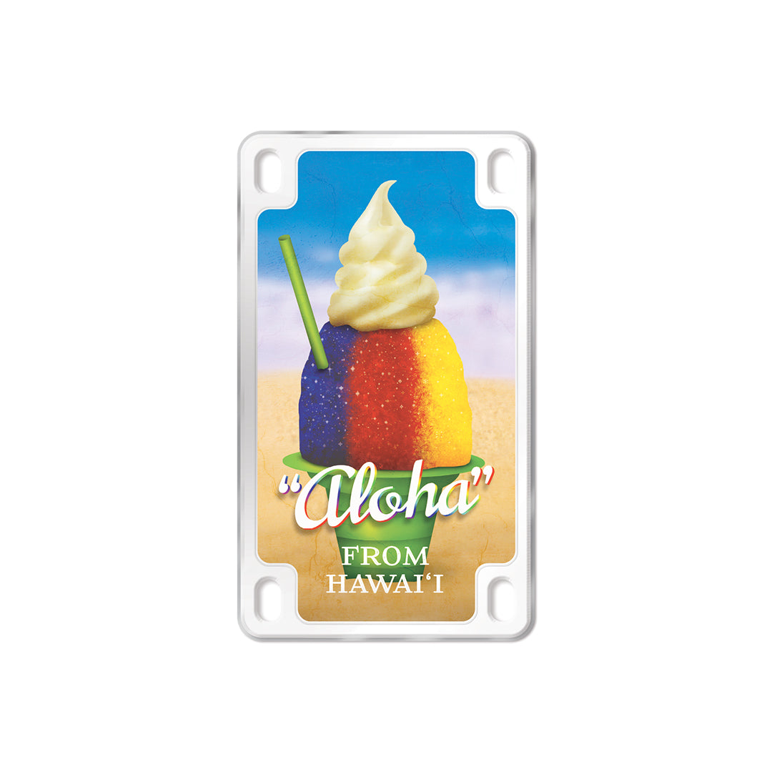 license plate shape magnet with a shave ice design and 'Aloha from Hawaii' text