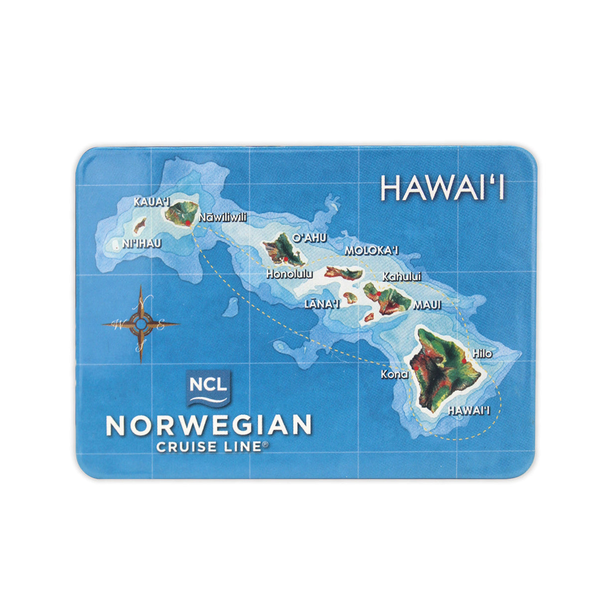Map of Hawaii with Norwegian Cruise Line logo on a blue background