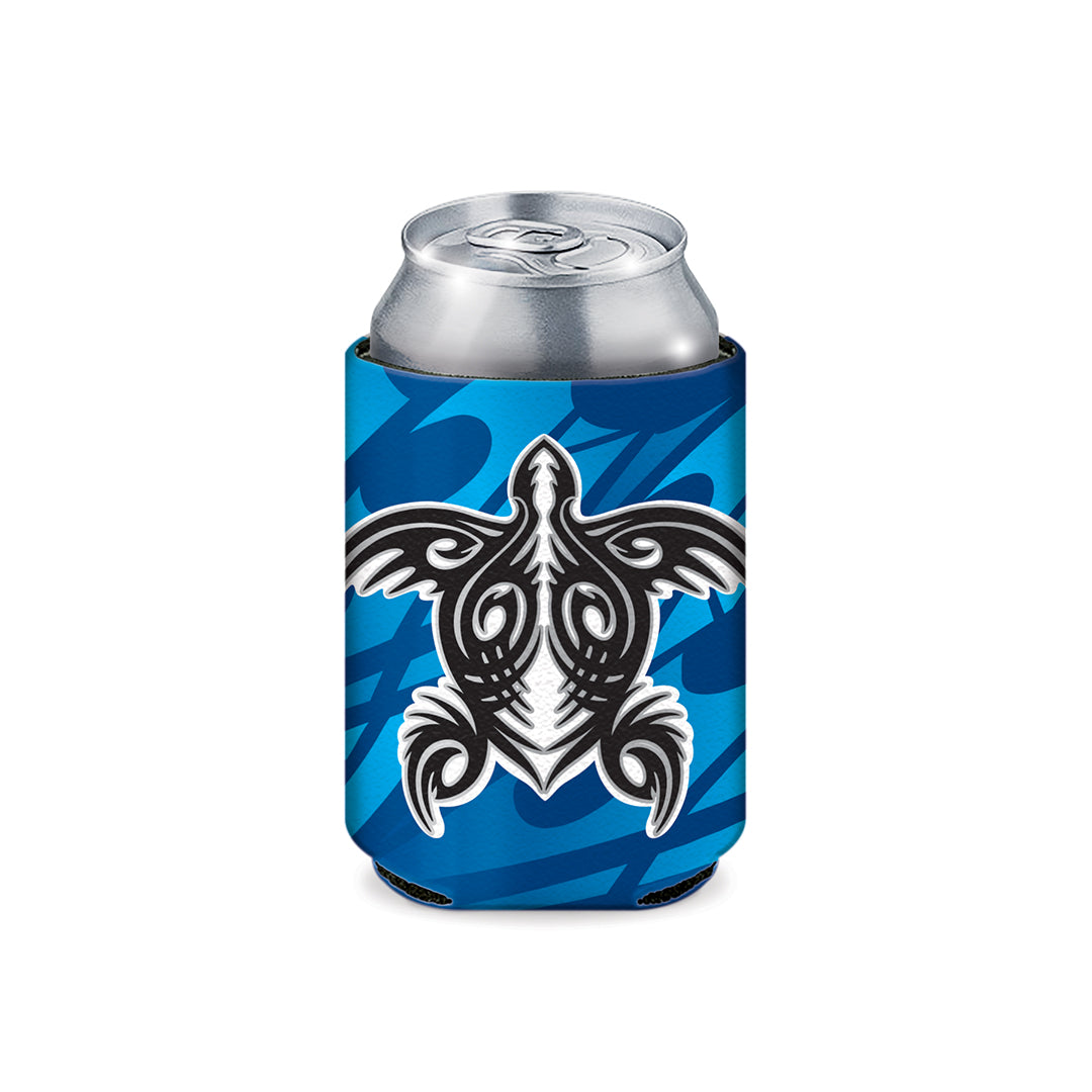 Blue can cooler with a black and white tribal turtle design on a white background