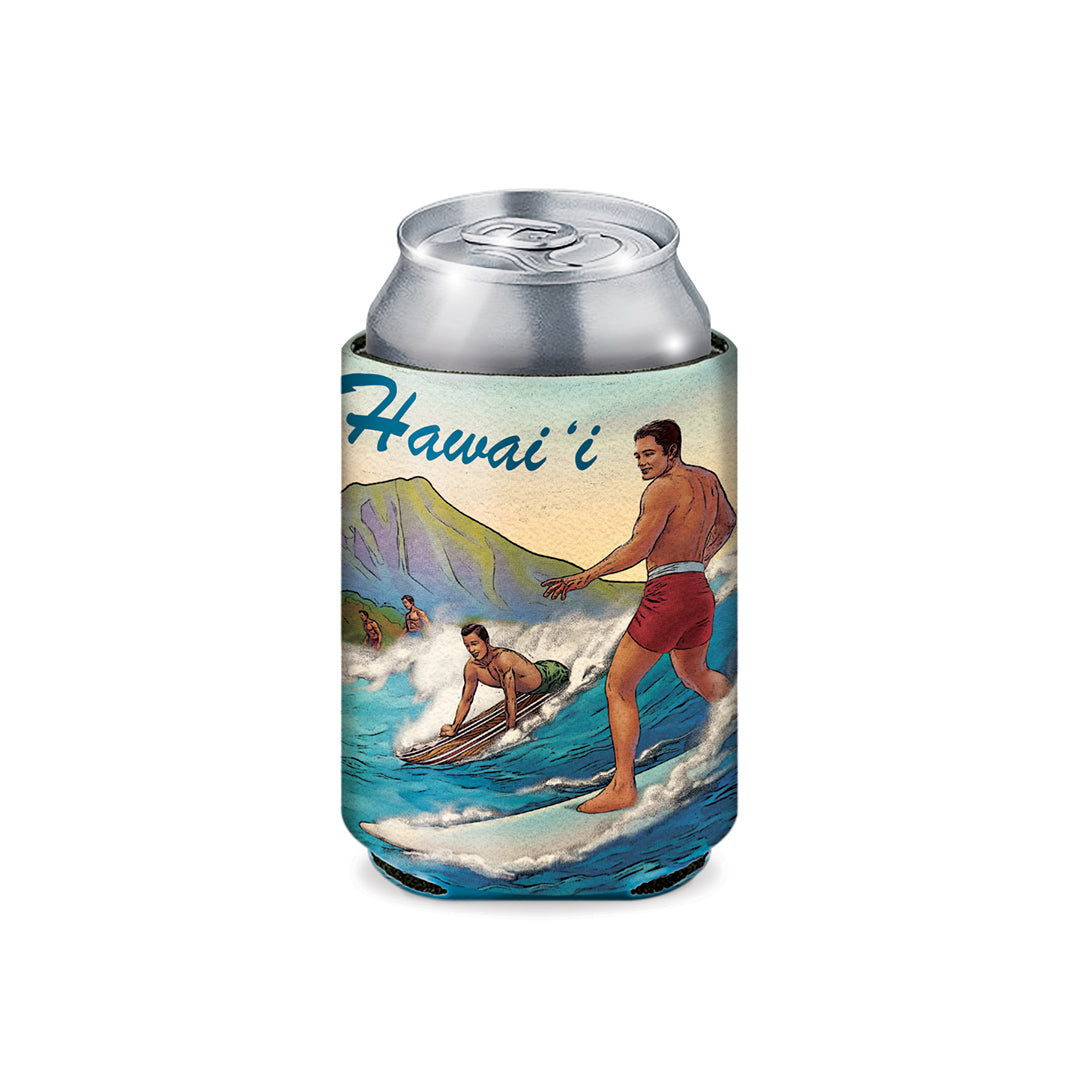 Can cooler with a Hawaii-themed design featuring surfers on a white background
