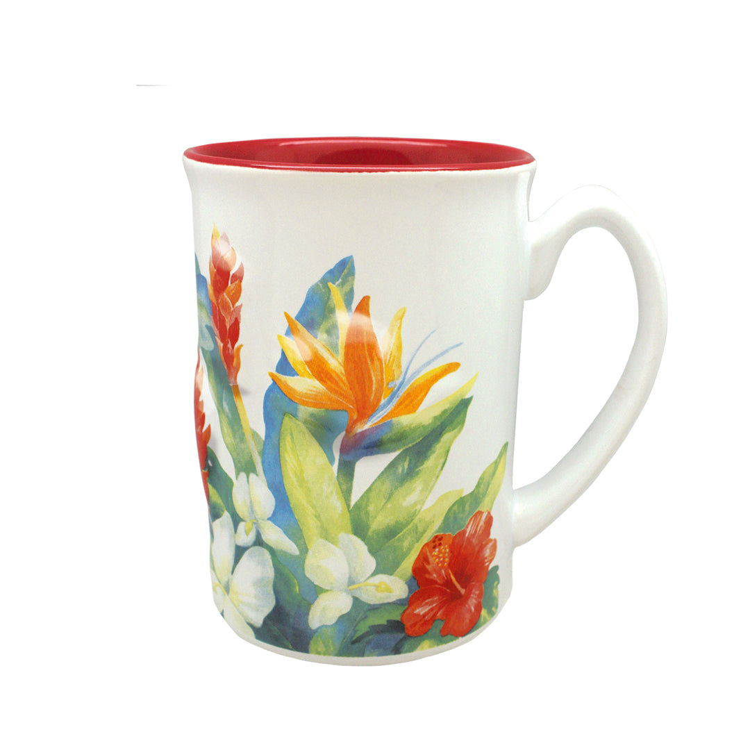 A white ceramic embossed mug with a colorful floral design on the side and a red interior.
