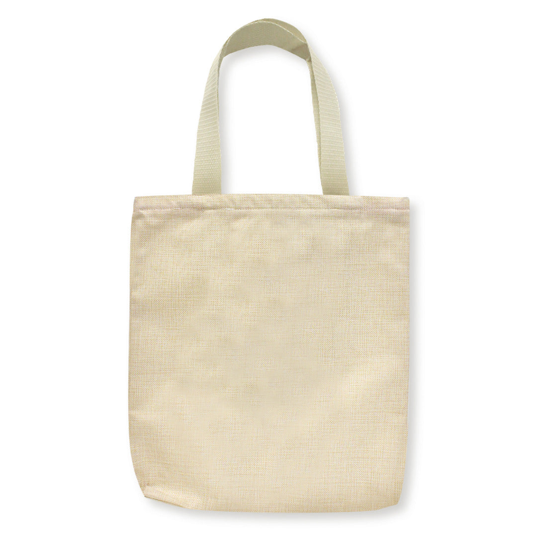 Beige woven tote bag on a white background
