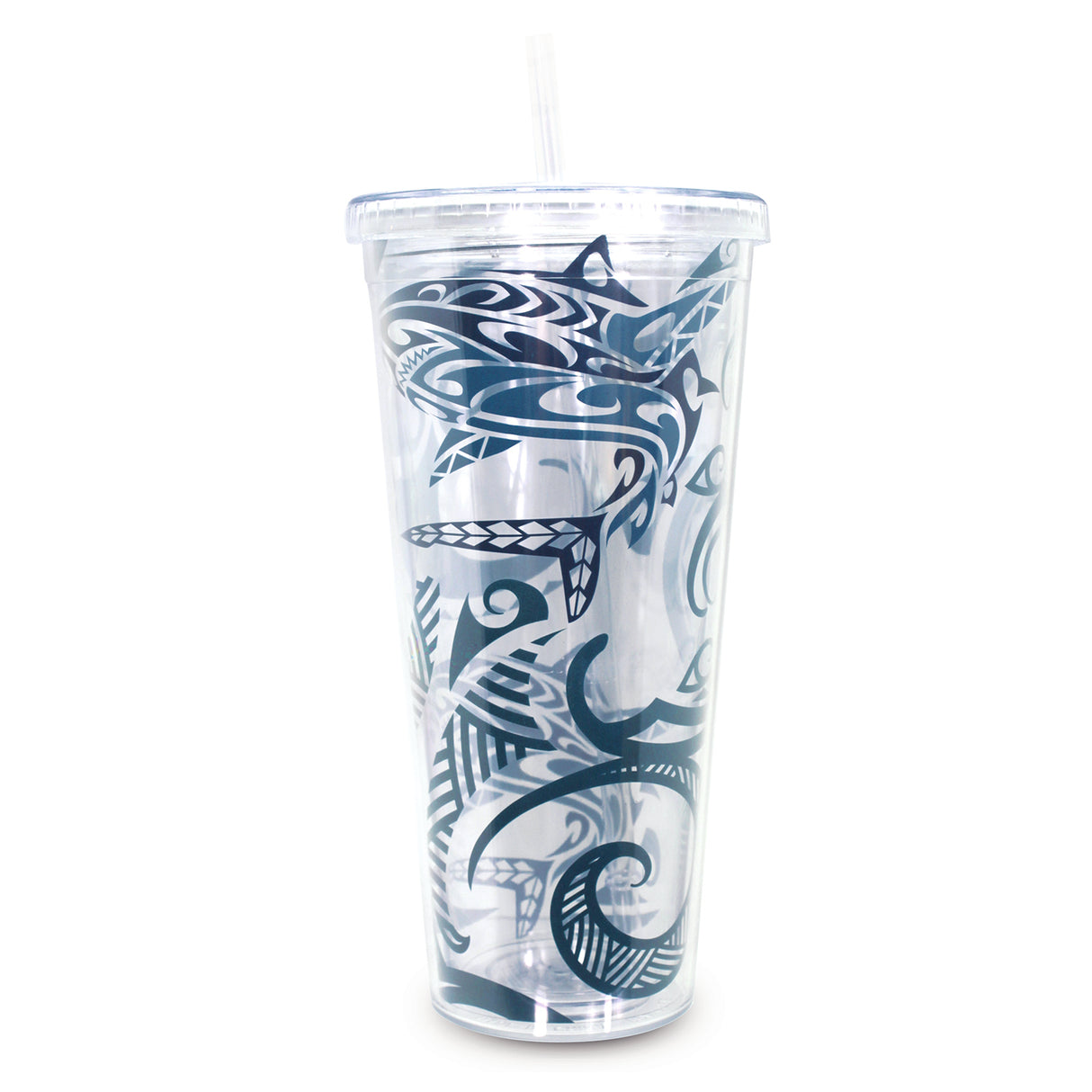 Travel Tumbler with Straw, Tribal Shark, 24 oz.