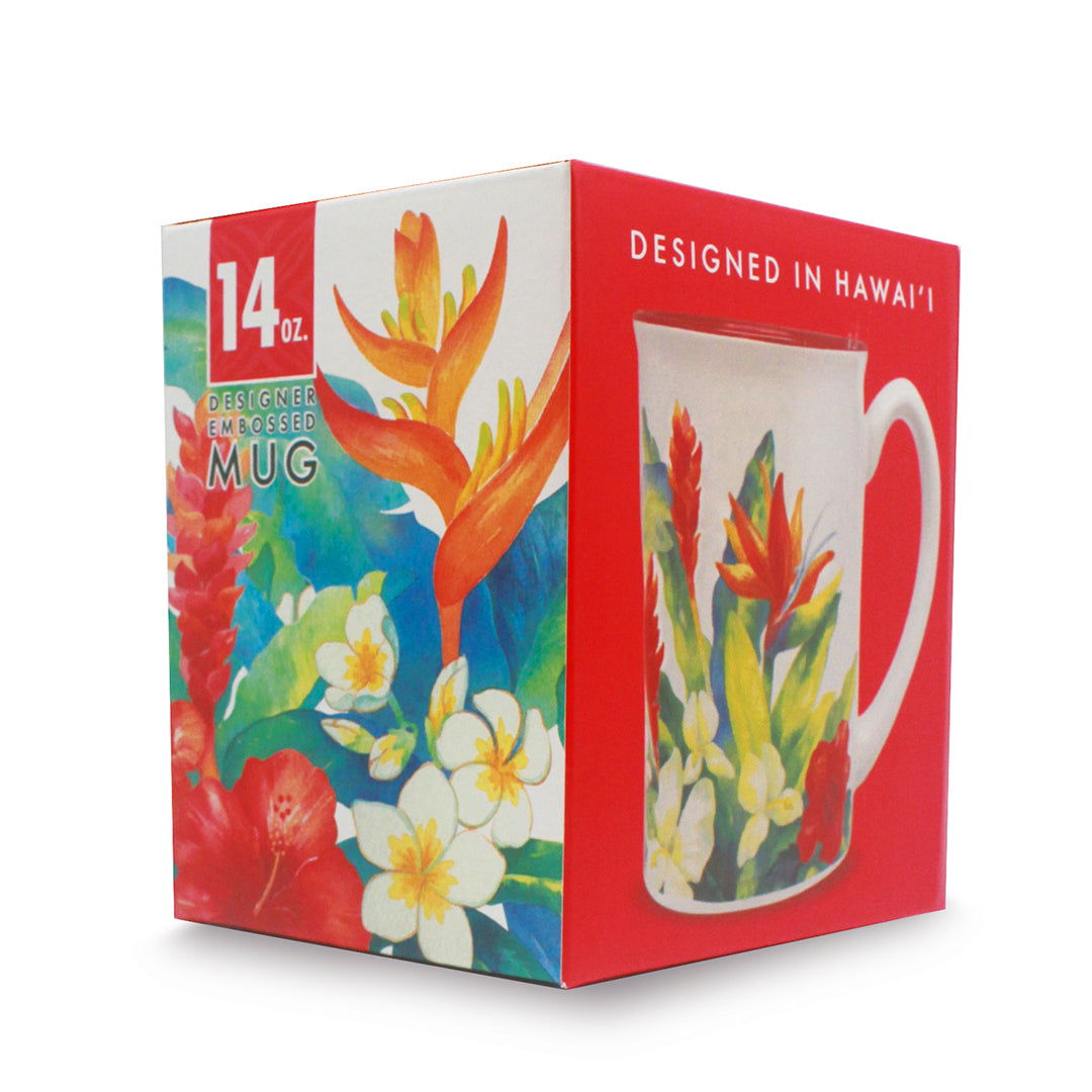 14 oz. embossed mug featuring an Island Garden design, showcasing intricate tropical floral patterns, perfect for enjoying your favorite beverages.