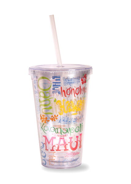 16 oz. travel tumbler with straw featuring an Island Doodles design, perfect for enjoying drinks on the go with a tropical vibe.