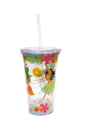 16 oz. travel tumbler with straw featuring an Island Hula Honeys design, perfect for enjoying beverages with a fun tropical flair.