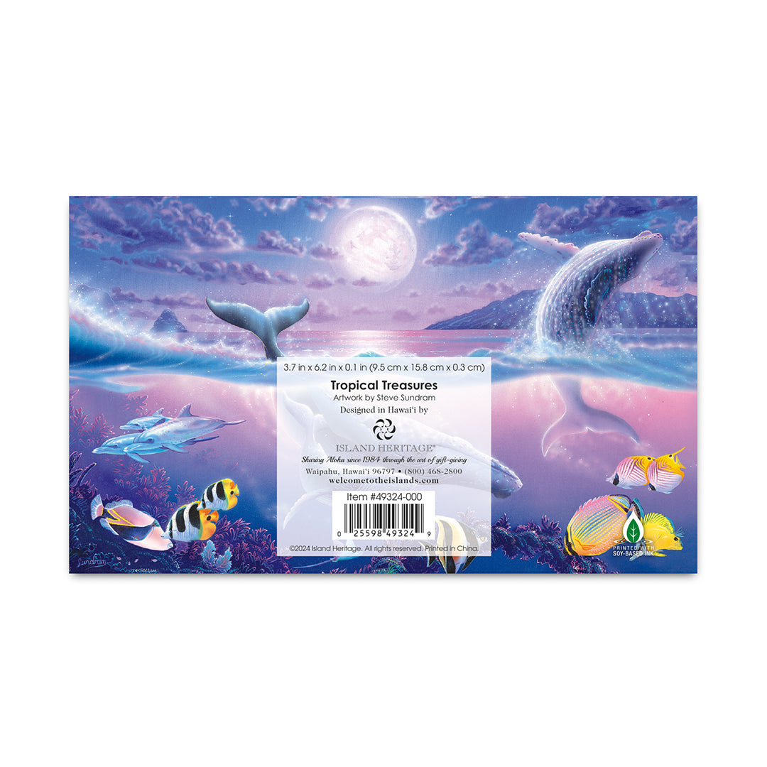 Back view for 'Tropical Treasures' pocket calendar with whales and ocean design