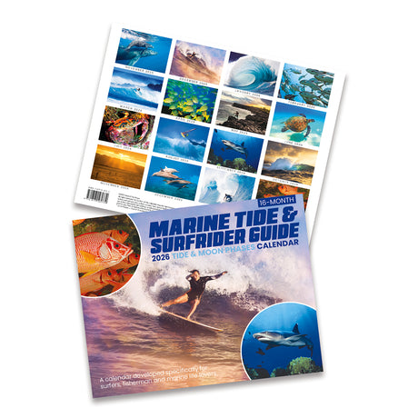 Marine Tide & Surfrider Guide calendar with various ocean and surfing-themed images 