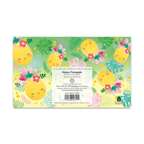 pocket calendar back view with cartoon pineapples and floral designs on a green background