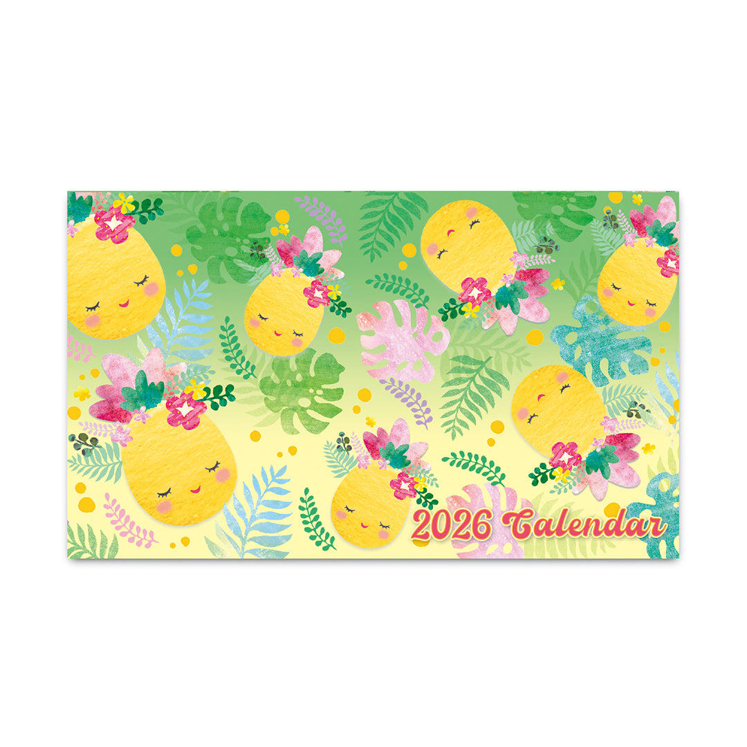 2026 pocket calendar with pineapple design on a green background
