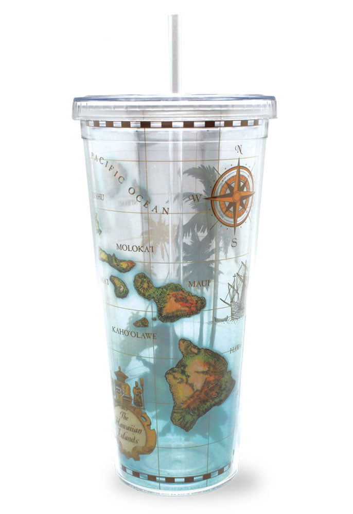 24 oz. travel tumbler with straw featuring a Hawaii map design, perfect for keeping drinks cold while on the go.