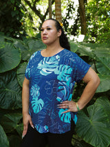 Monstera Wave II Blueberry Womens Loose Boatneck Blouse