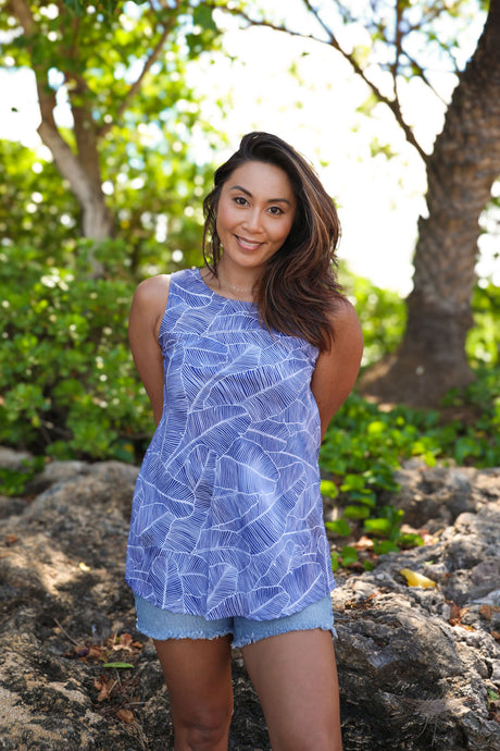 Banana Leaf Navy Womens Flyaway Sleeveless Blouse