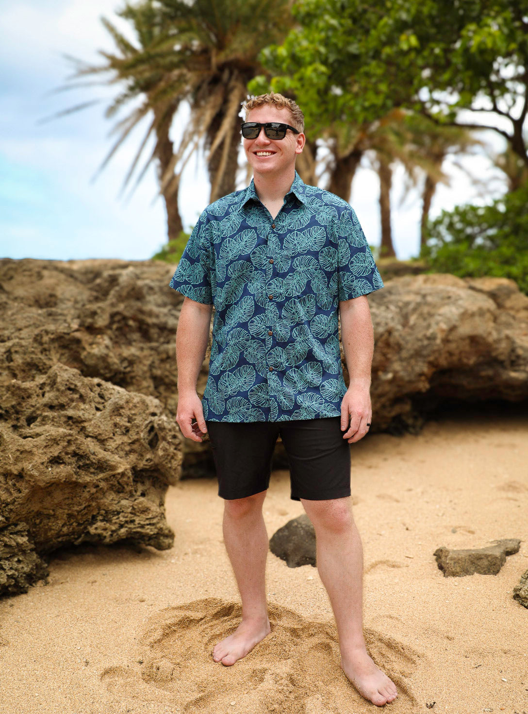 Monstera Leaves Navy Mens Aloha Shirt