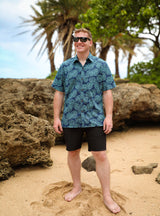 Monstera Leaves Navy Mens Aloha Shirt