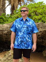 Tropical Leaves Blue Mens Aloha Shirt