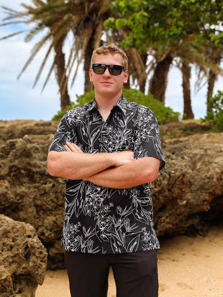 Bird of Paradise Orchid Black Mens Aloha Shirt
