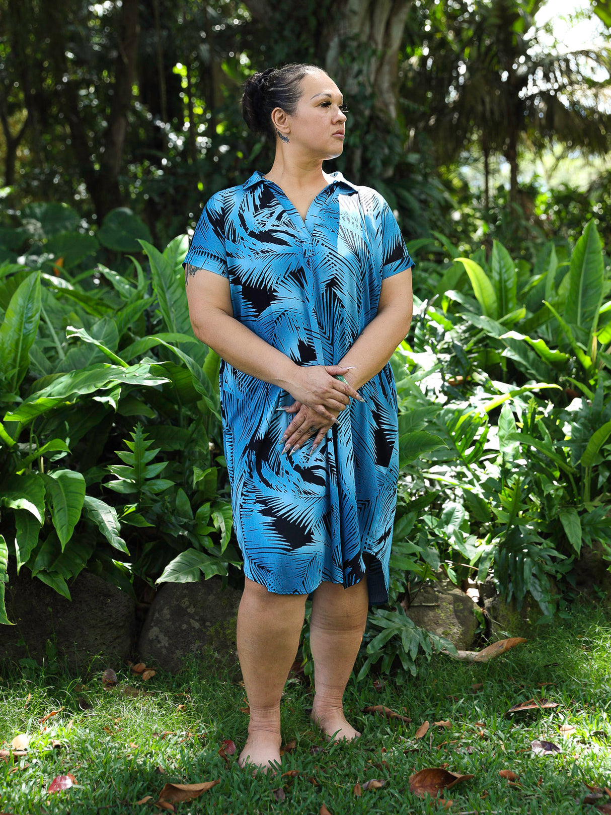 Palm Leaf Black Blue Womens Collared Short Sleeve Dress