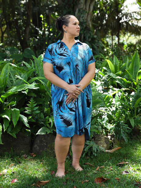 Palm Leaf Black Blue Womens Collared Short Sleeve Dress