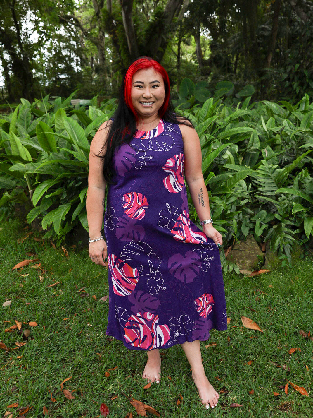Monstera Waves II Plum Womens Long Bias Midi Dress