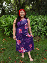 Monstera Waves II Plum Womens Long Bias Midi Dress