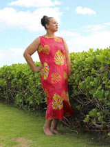 Monstera Waves II Guava Womens Long Bias Midi Dress