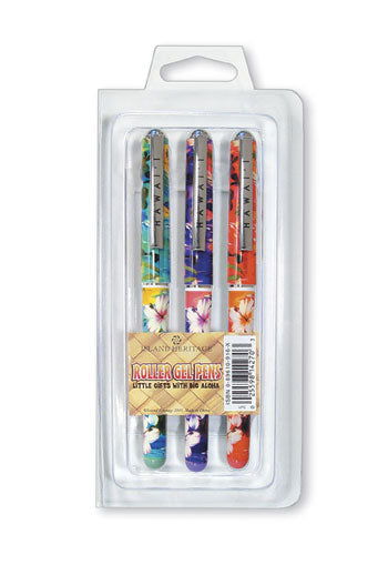 3-pack rollerball pens featuring a Hibiscus Palm design, showcasing vibrant floral patterns, perfect for adding a tropical touch to writing.