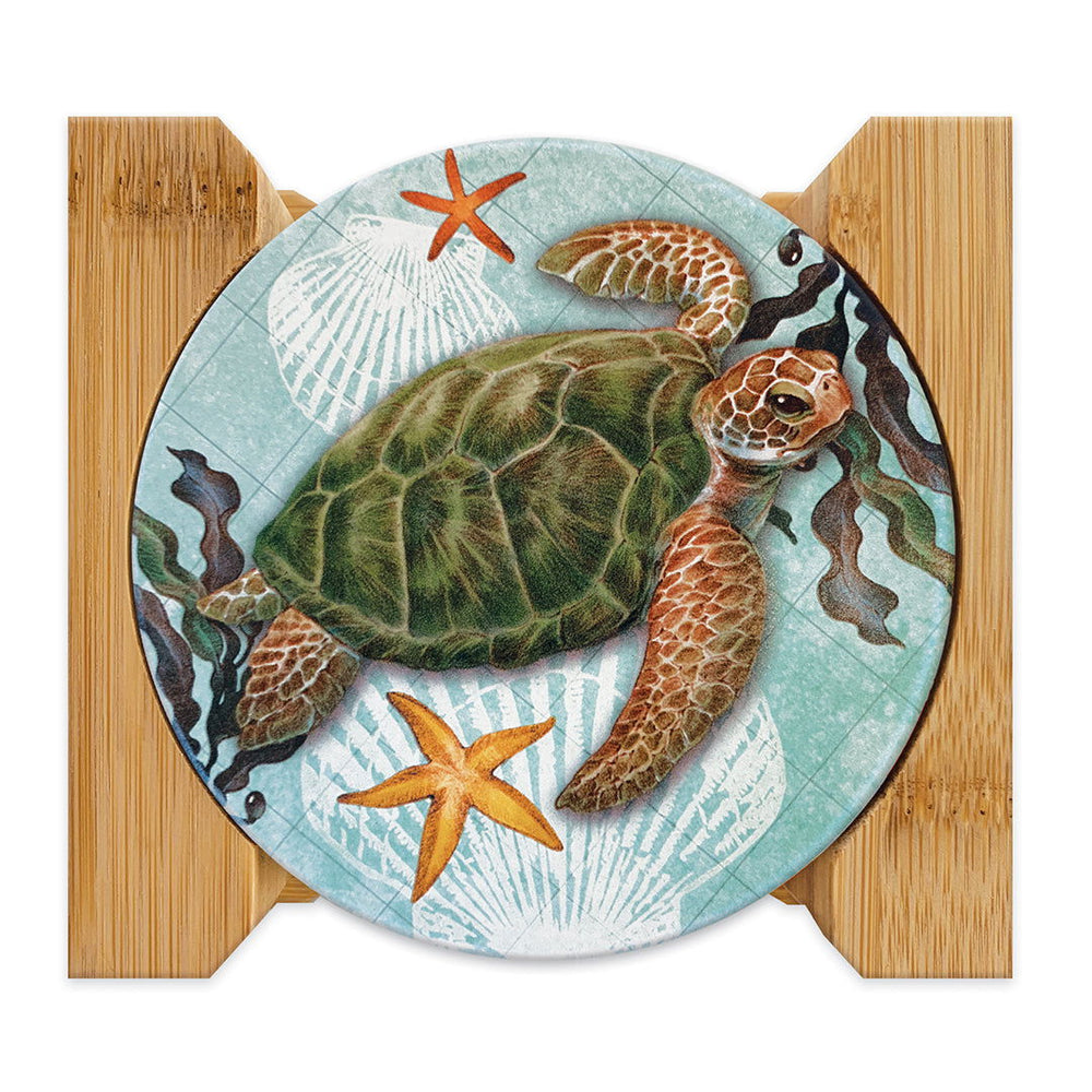 4-Pack Round Coasters with Bamboo Caddy, Honu Journeys  