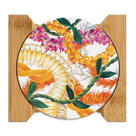 4-Pack Round Coasters with Bamboo Caddy, Leis of Aloha  